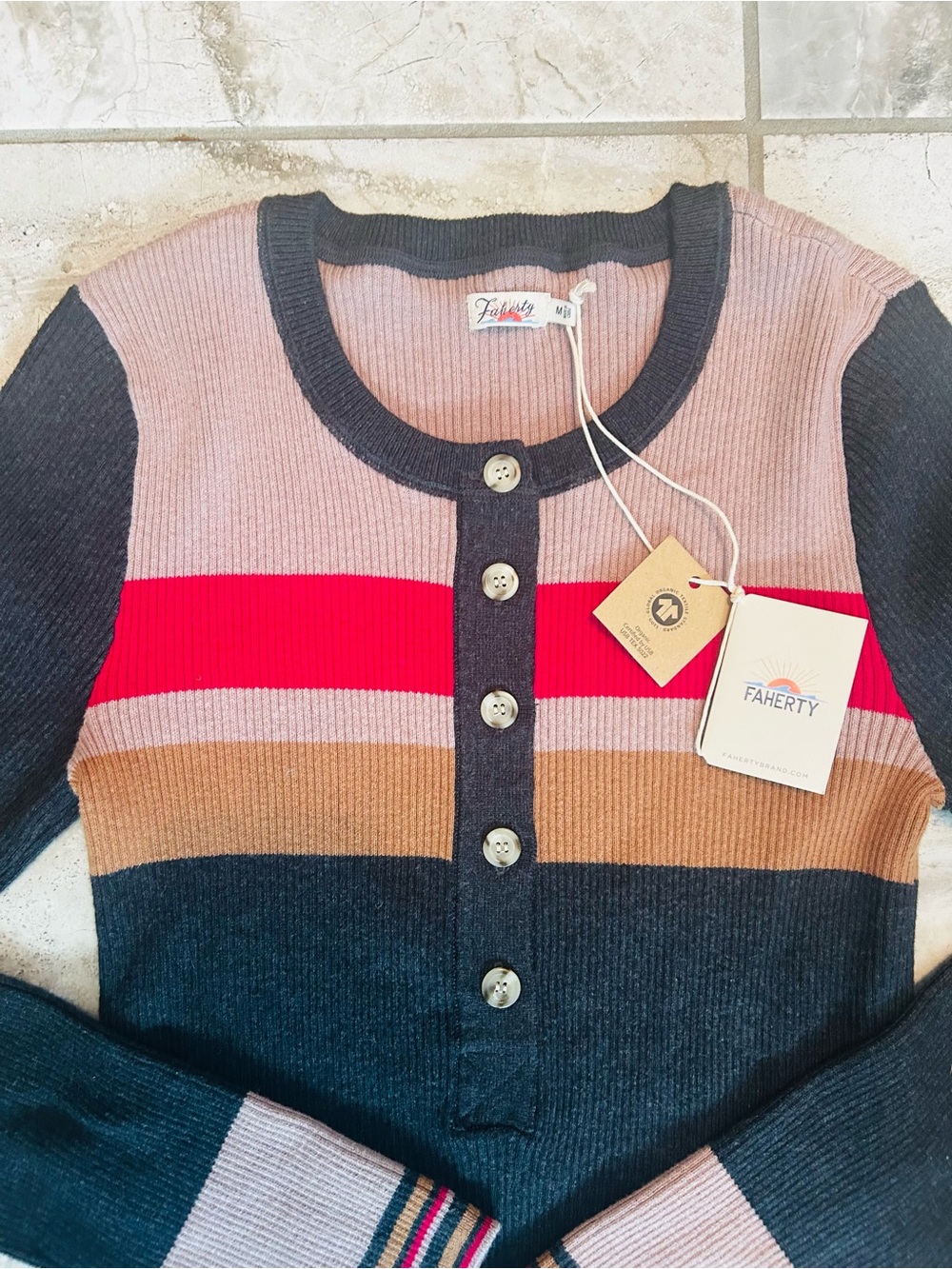 NWT Faherty Mikki Henley Cotton Cashmere Long Sleeve Ribbed Shirt Striped -M - Picture 4 of 8